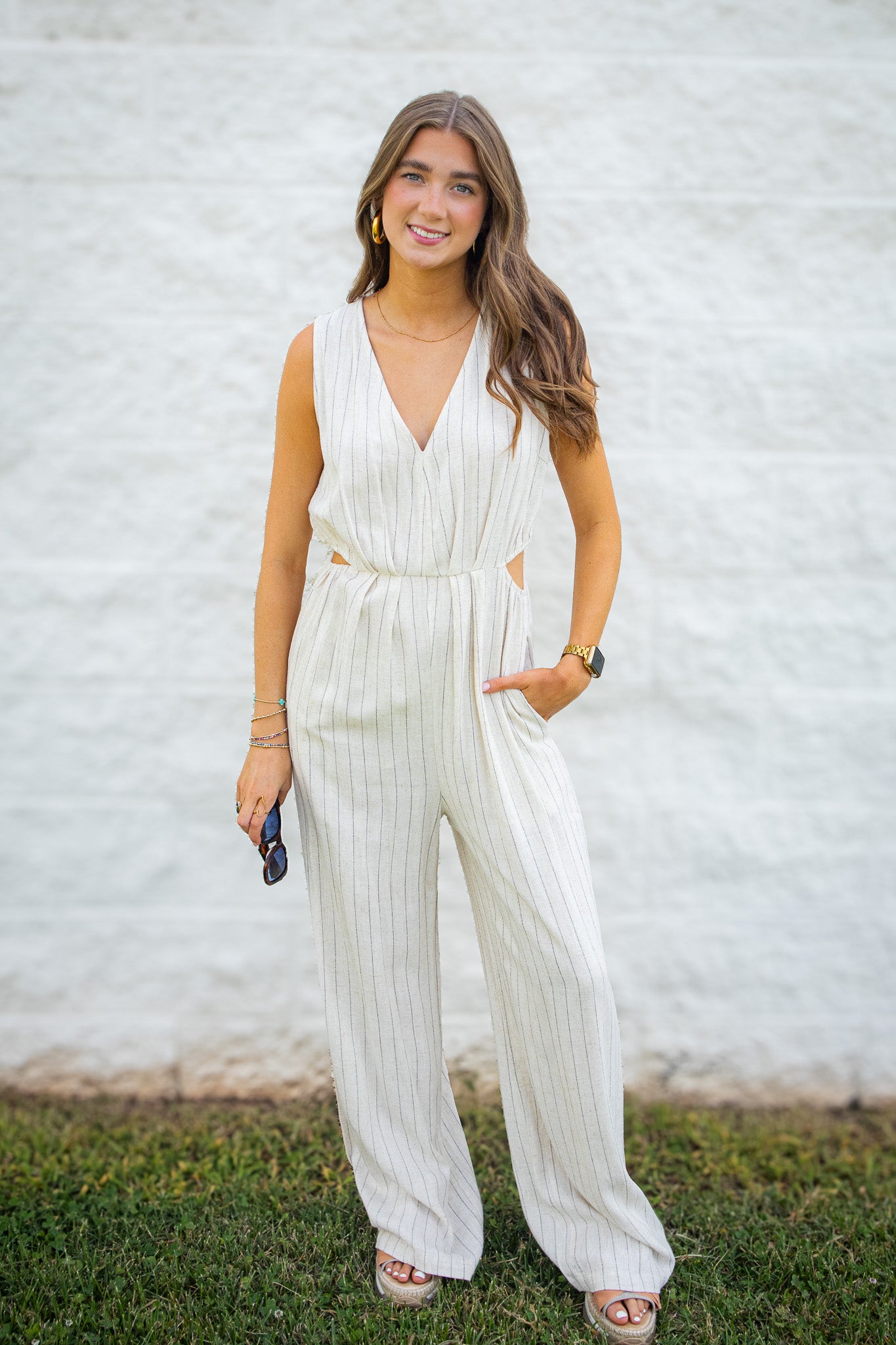 Coastal Muse Pinstripe Linen Blend Side Cut Out Jumpsuit