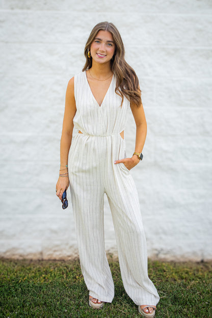 Coastal Muse Pinstripe Linen Blend Side Cut Out Jumpsuit