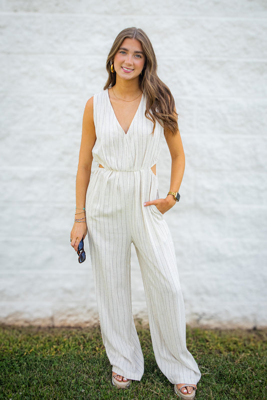 Coastal Muse Pinstripe Linen Blend Side Cut Out Jumpsuit