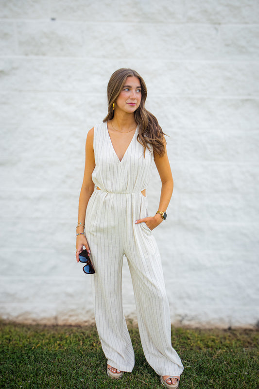 Coastal Muse Pinstripe Linen Blend Side Cut Out Jumpsuit