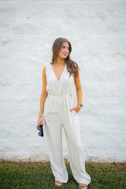 Coastal Muse Pinstripe Linen Blend Side Cut Out Jumpsuit