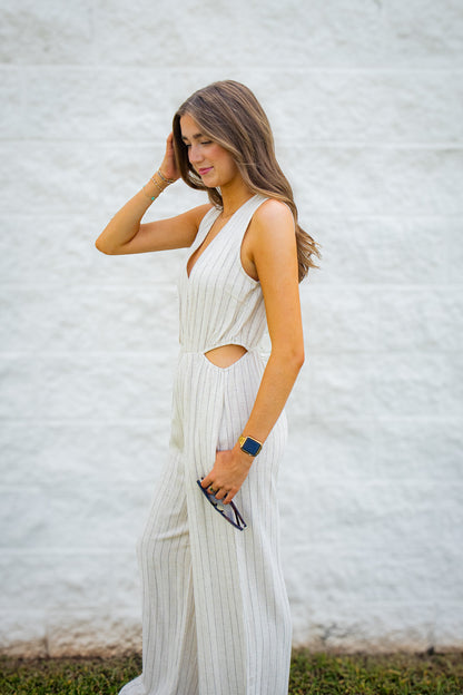 Coastal Muse Pinstripe Linen Blend Side Cut Out Jumpsuit