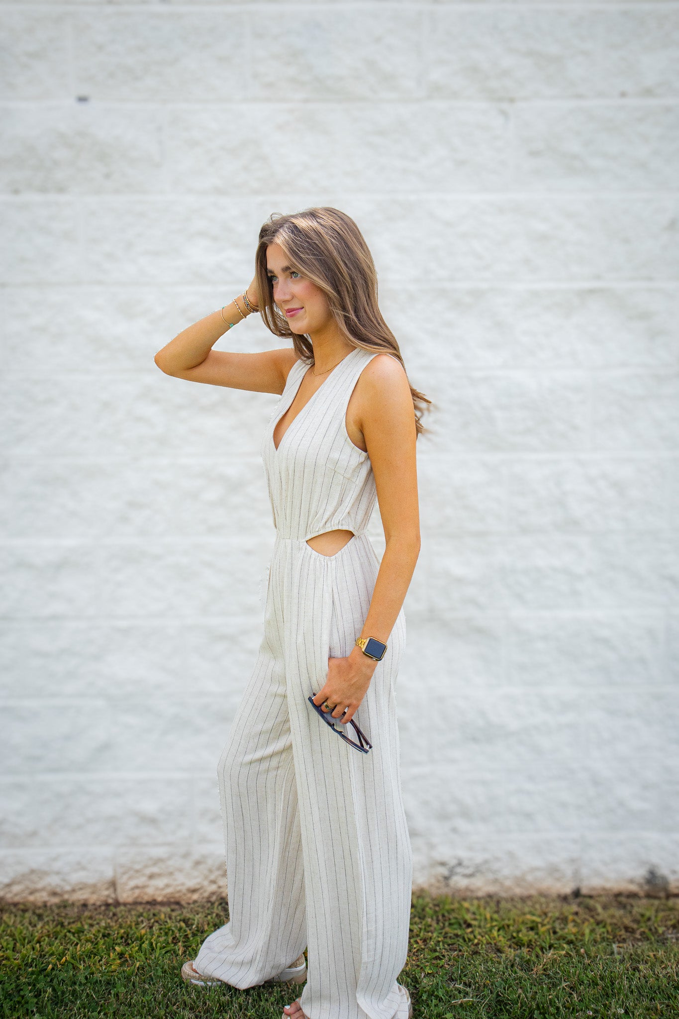 Coastal Muse Pinstripe Linen Blend Side Cut Out Jumpsuit