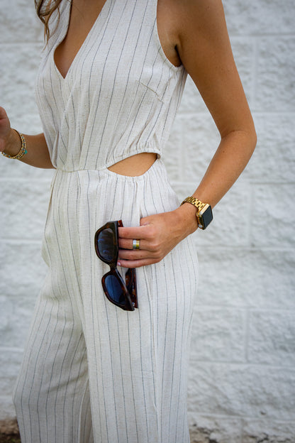 Coastal Muse Pinstripe Linen Blend Side Cut Out Jumpsuit