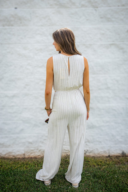 Coastal Muse Pinstripe Linen Blend Side Cut Out Jumpsuit