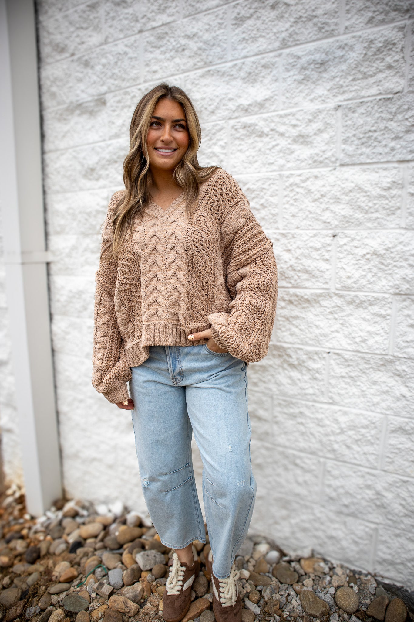 Cable Knit V Neck Sweater - TAN