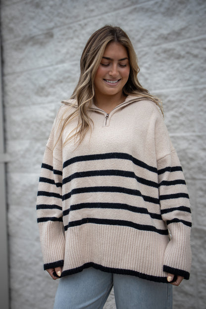 Coastal Cream and Black Stripe Quarter Zip Up Sweater