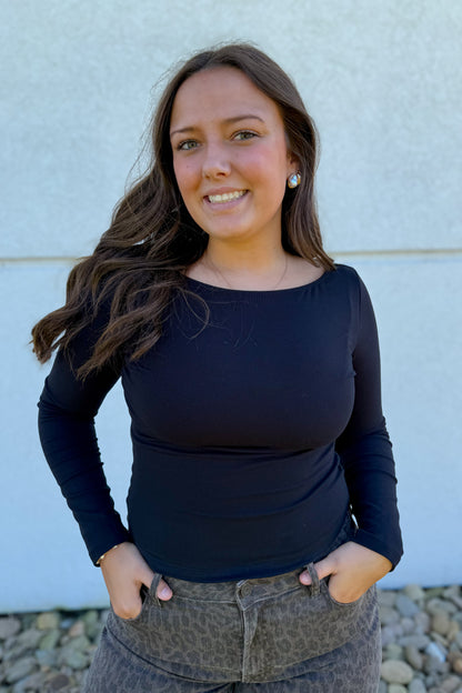 Black Boat Neck Long Sleeve Top