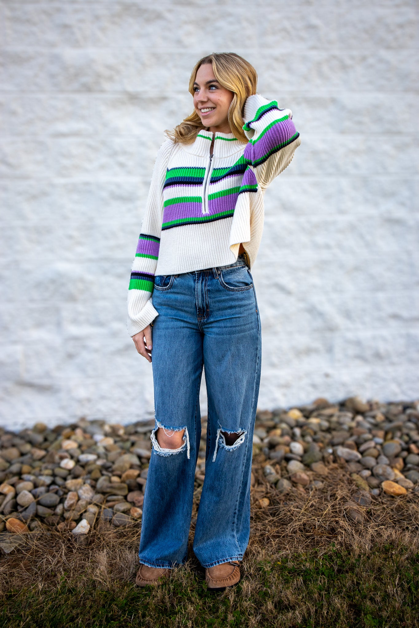 Free People - Striped Greta Half Zip - Sugar Swirl Combo