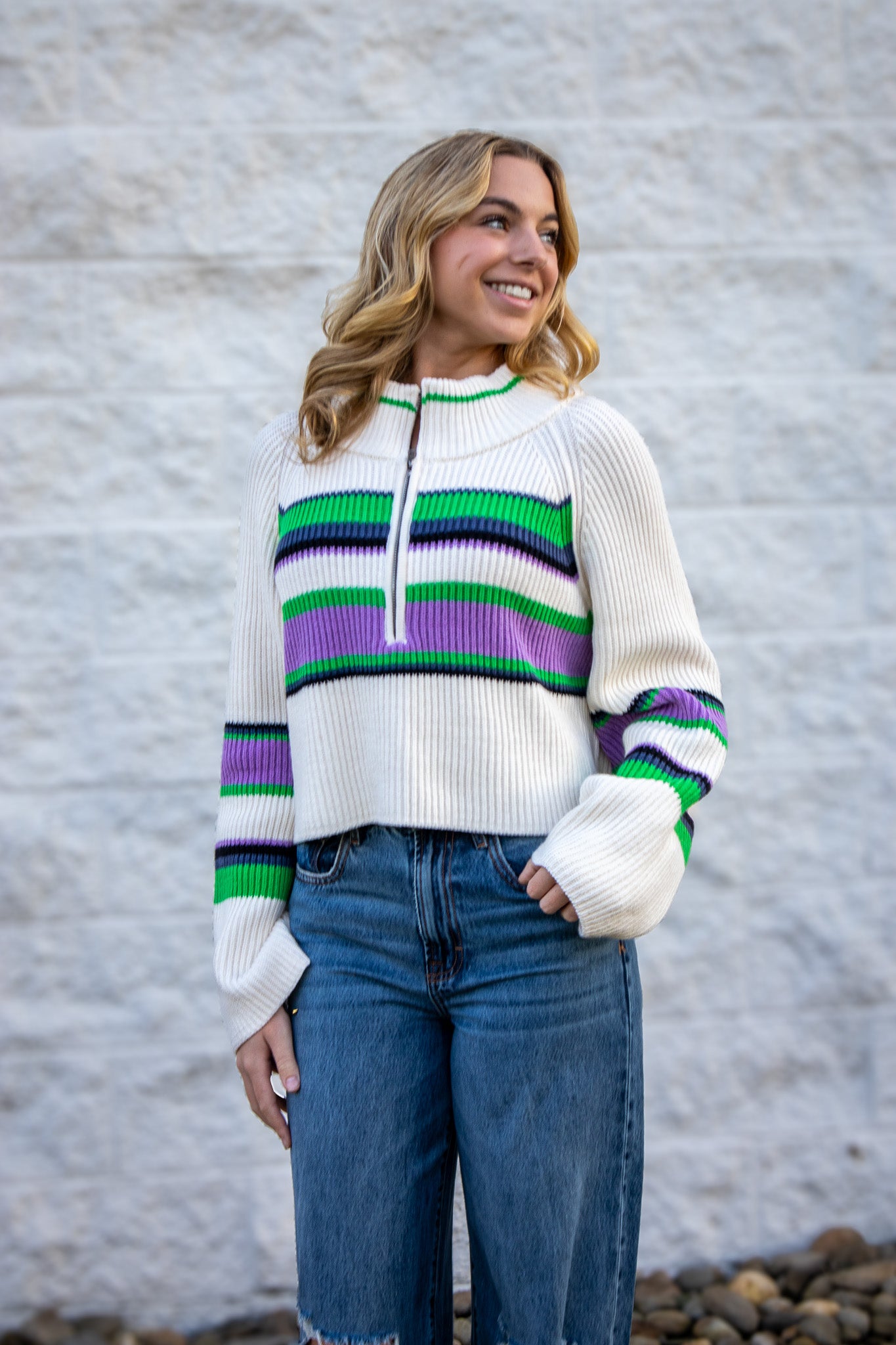 Free People - Striped Greta Half Zip - Sugar Swirl Combo