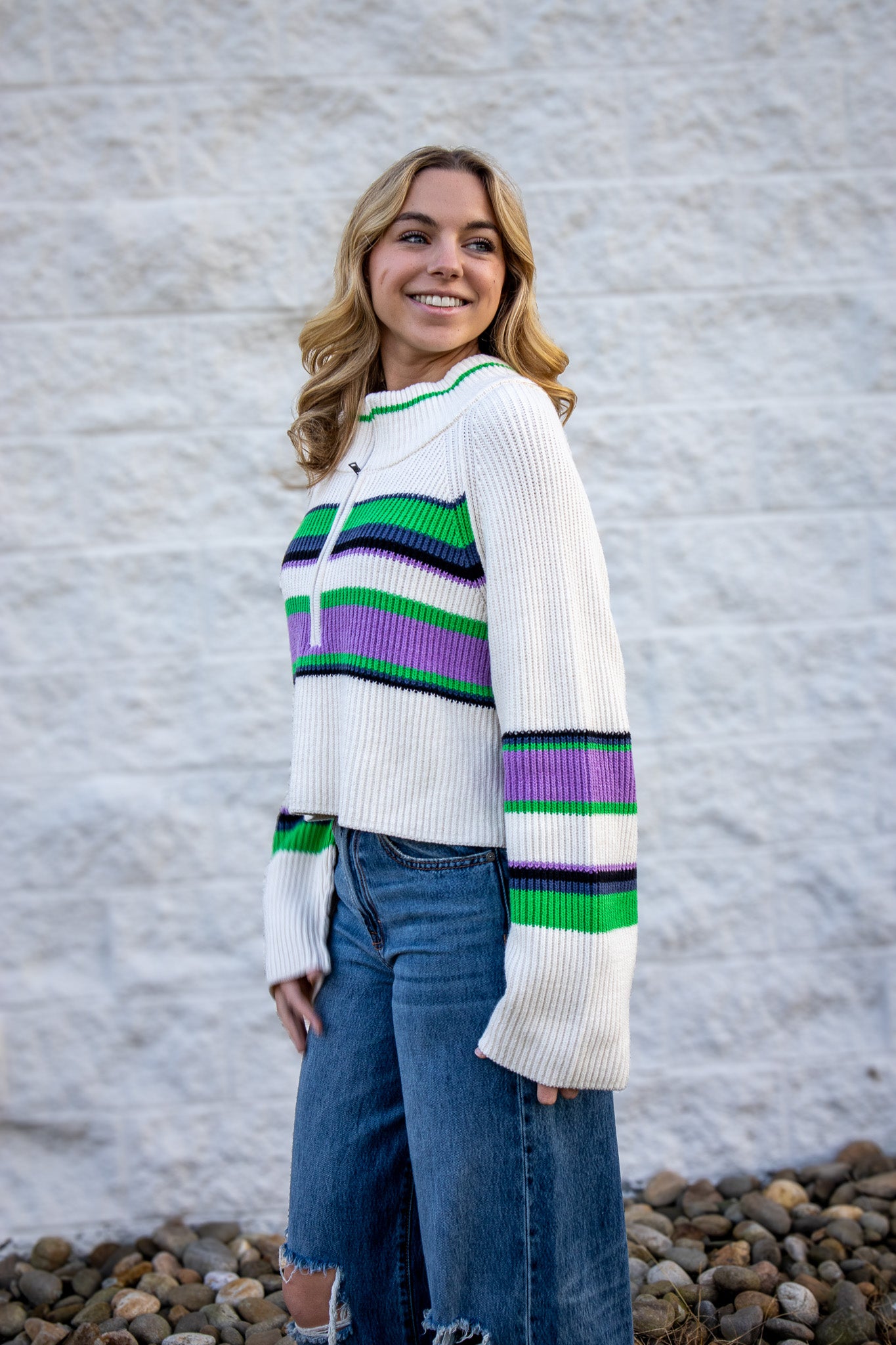 Free People - Striped Greta Half Zip - Sugar Swirl Combo