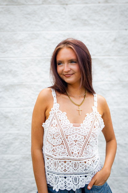 Coastal Breeze White Lace Crochet Tank
