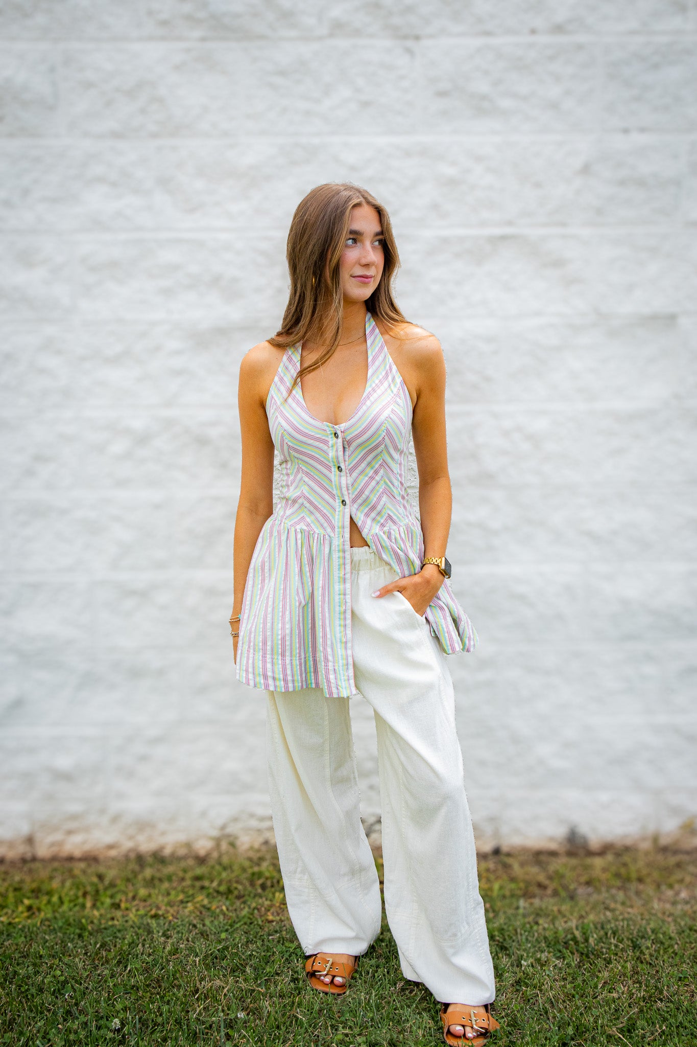 Free People - Clean Break Striped Cotton Halter Mini Dress - Multi