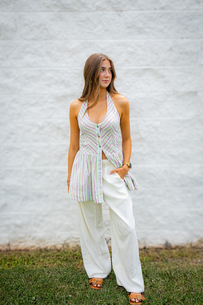 Free People - Clean Break Striped Cotton Halter Mini Dress - Multi