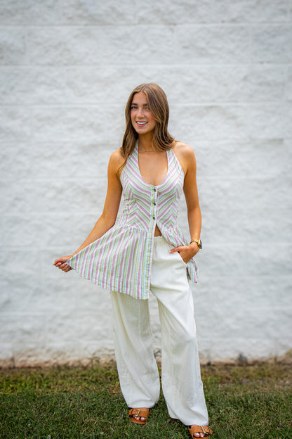 Free People - Clean Break Striped Cotton Halter Mini Dress - Multi