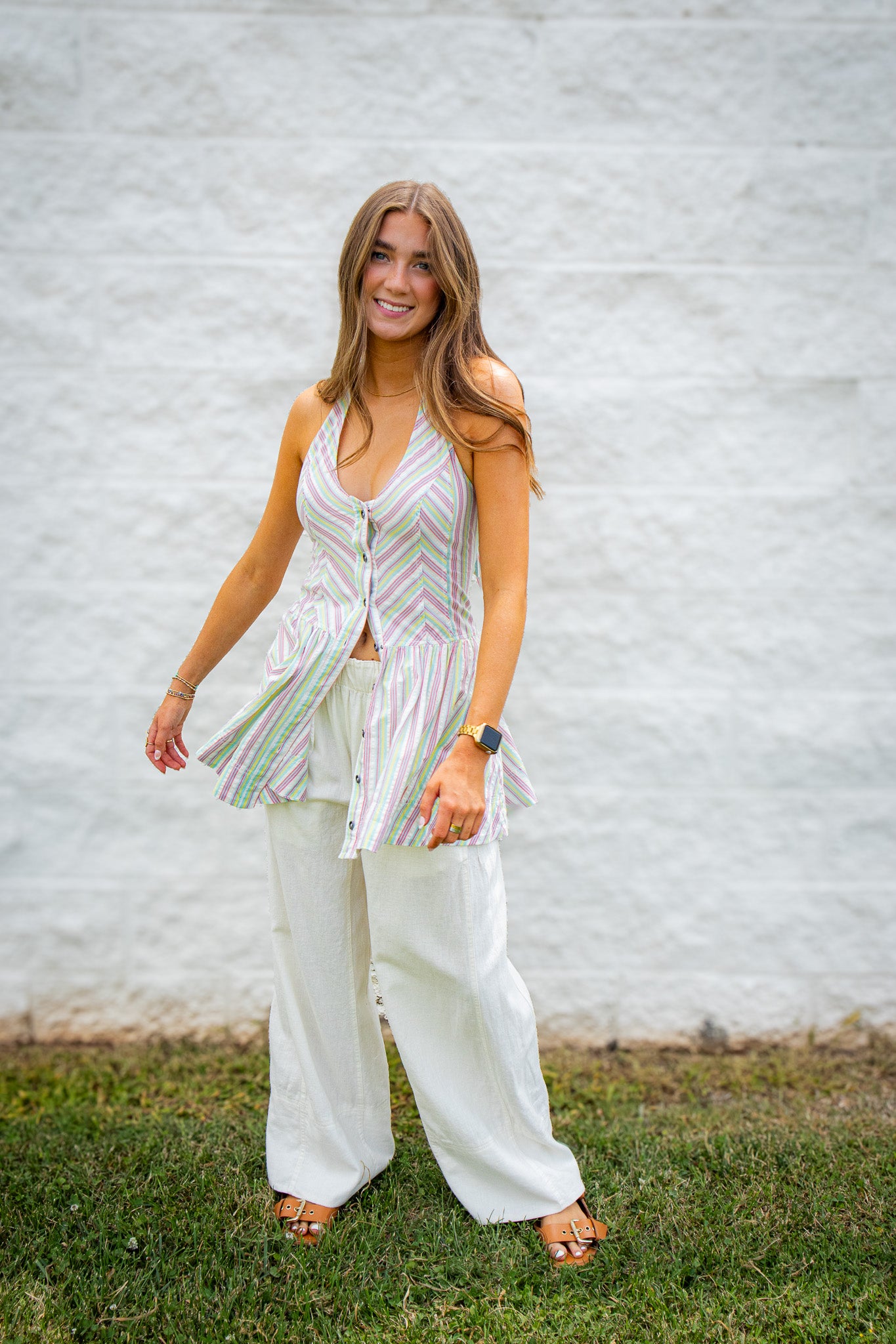 Free People - Clean Break Striped Cotton Halter Mini Dress - Multi