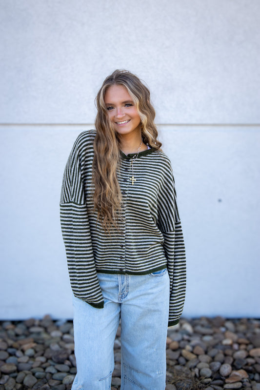Olive Striped Button Down Cardigan