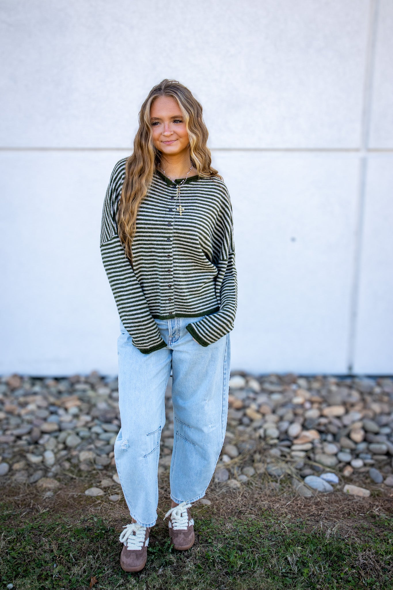 Olive Striped Button Down Cardigan