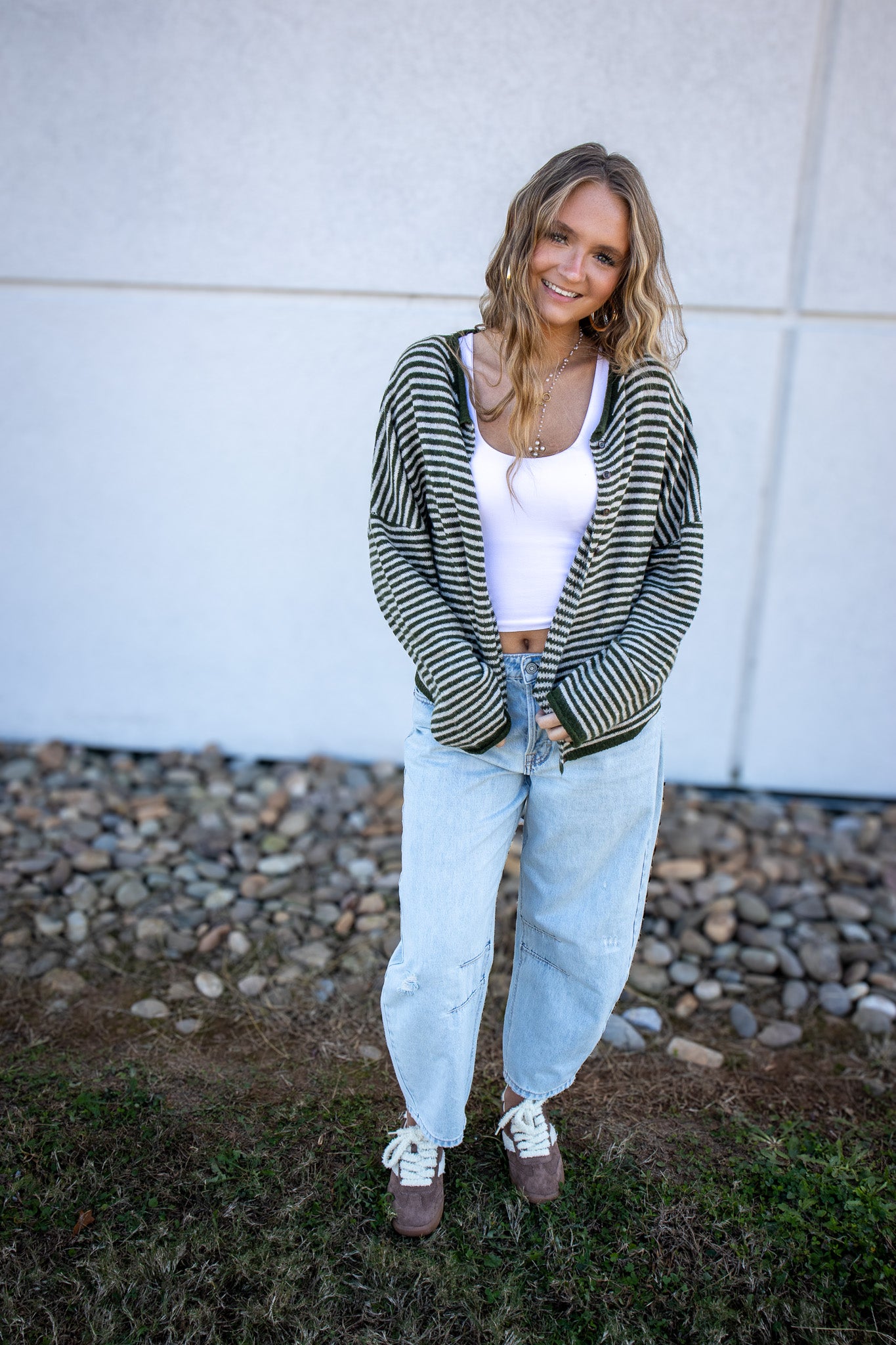 Olive Striped Button Down Cardigan
