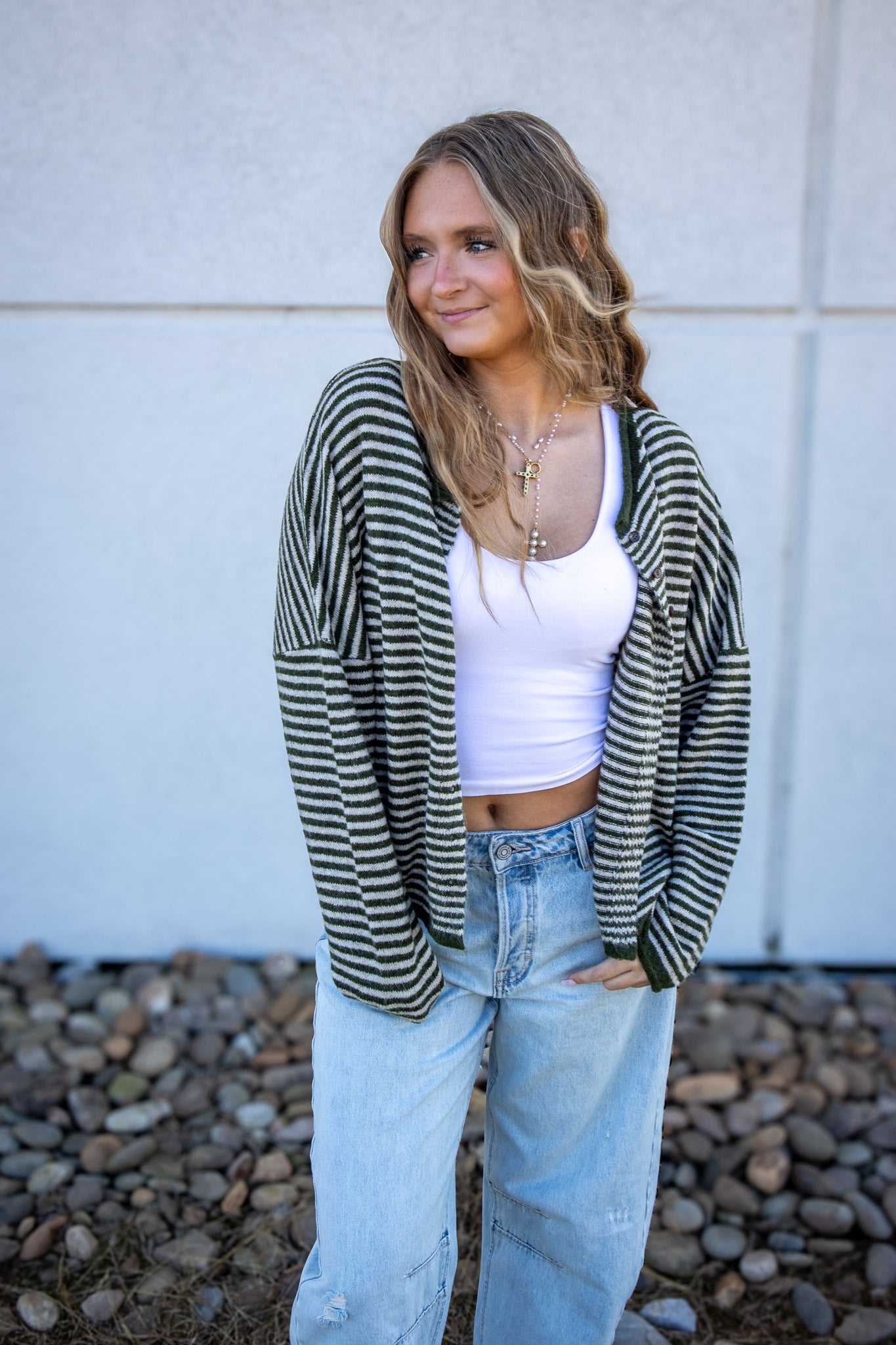 Olive Striped Button Down Cardigan