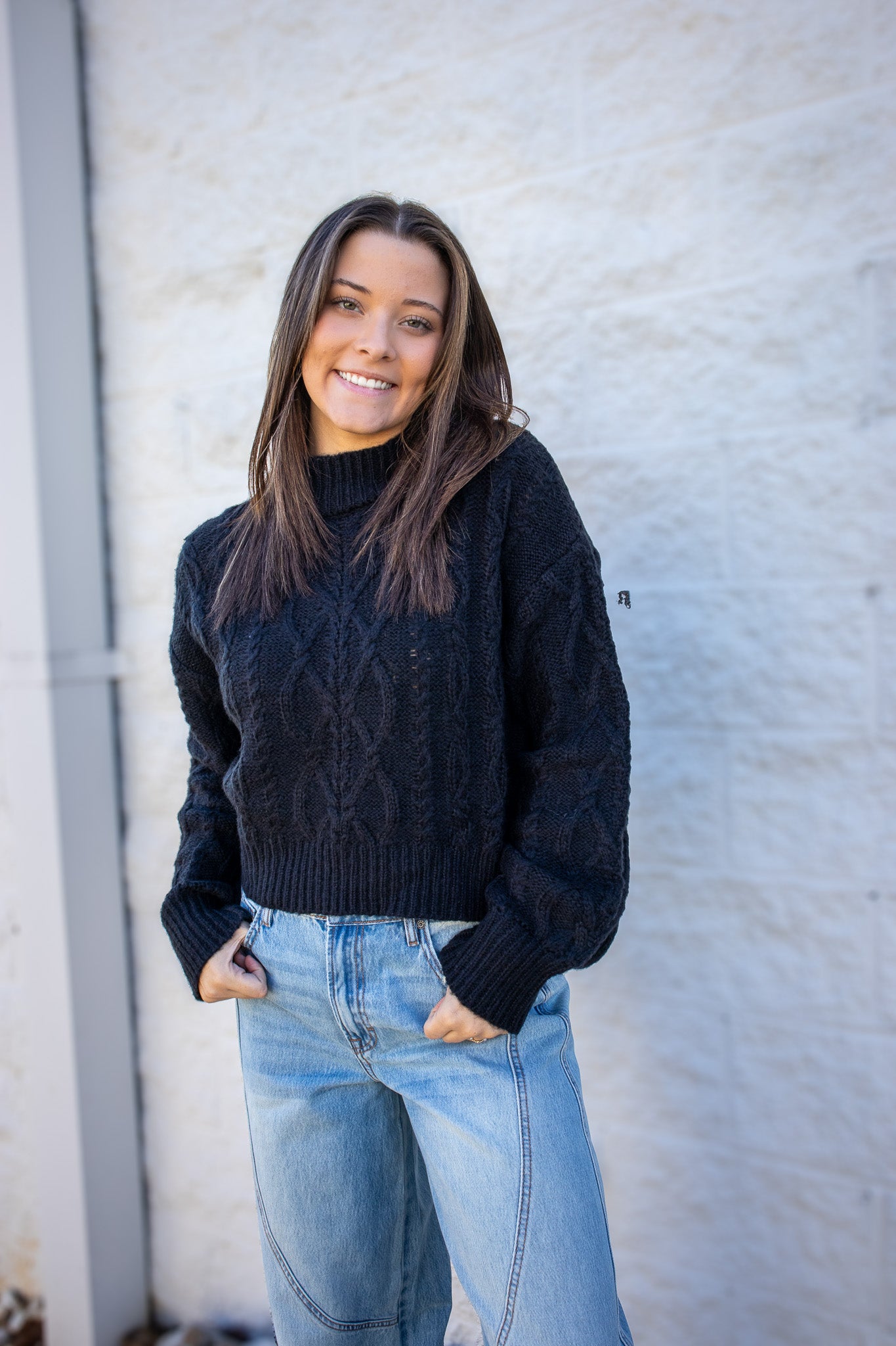 Black Mock Neck Cable Knit Sweater