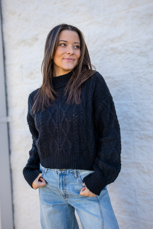 Black Mock Neck Cable Knit Sweater