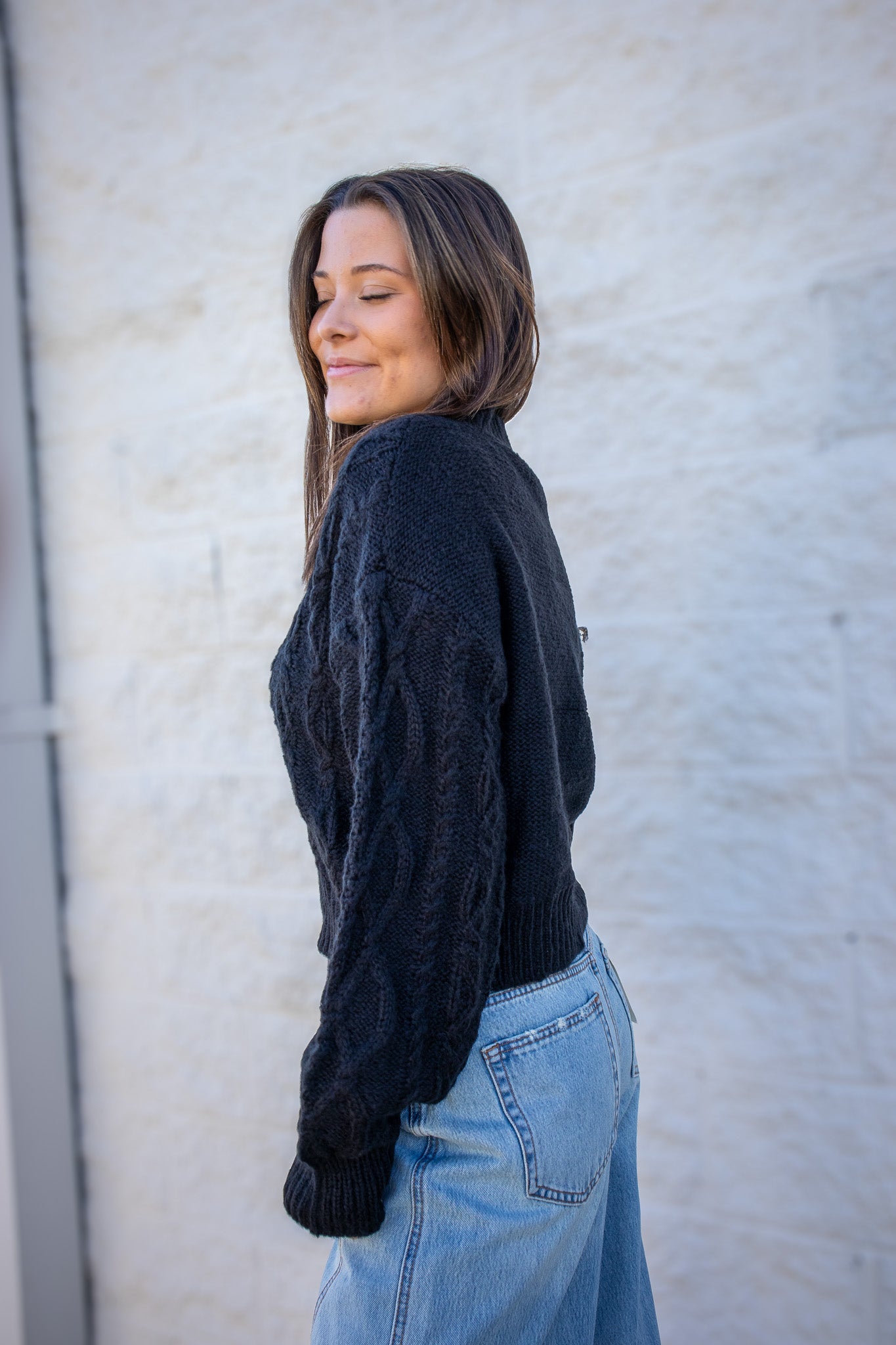 Black Mock Neck Cable Knit Sweater