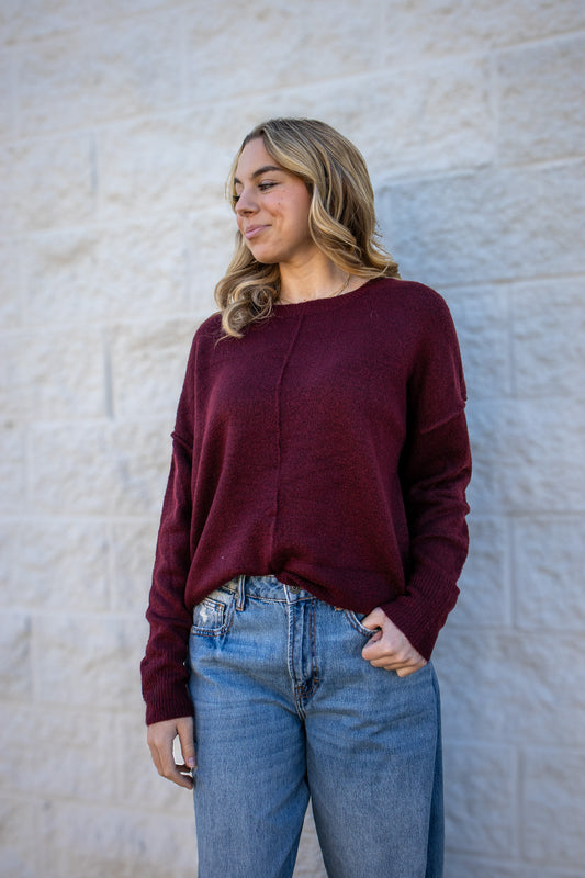 Soft Touch Front Seam Knit Sweater - WINE