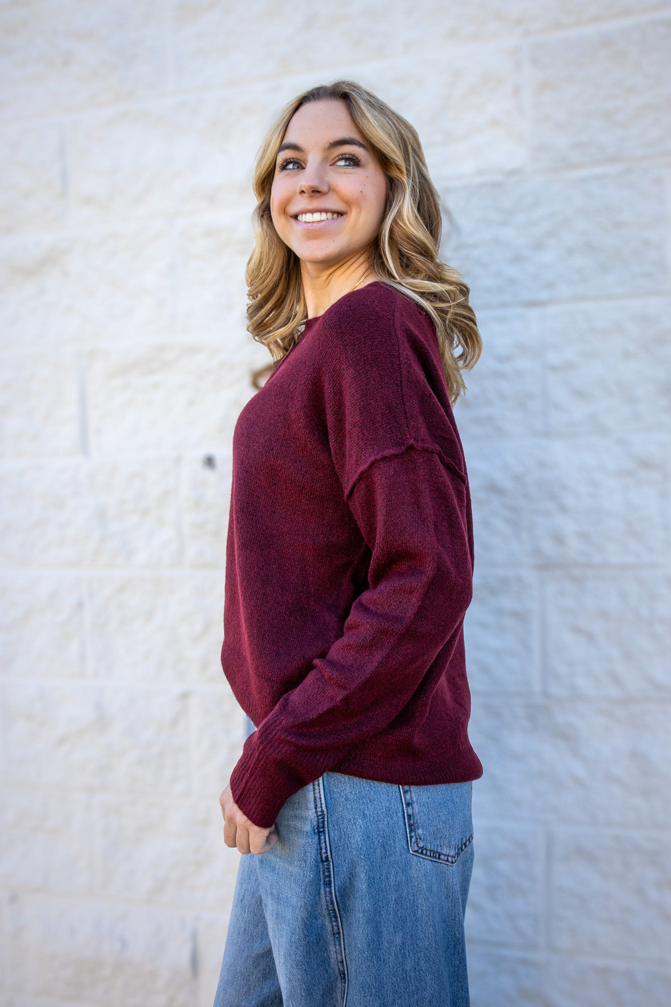 Soft Touch Front Seam Knit Sweater - WINE