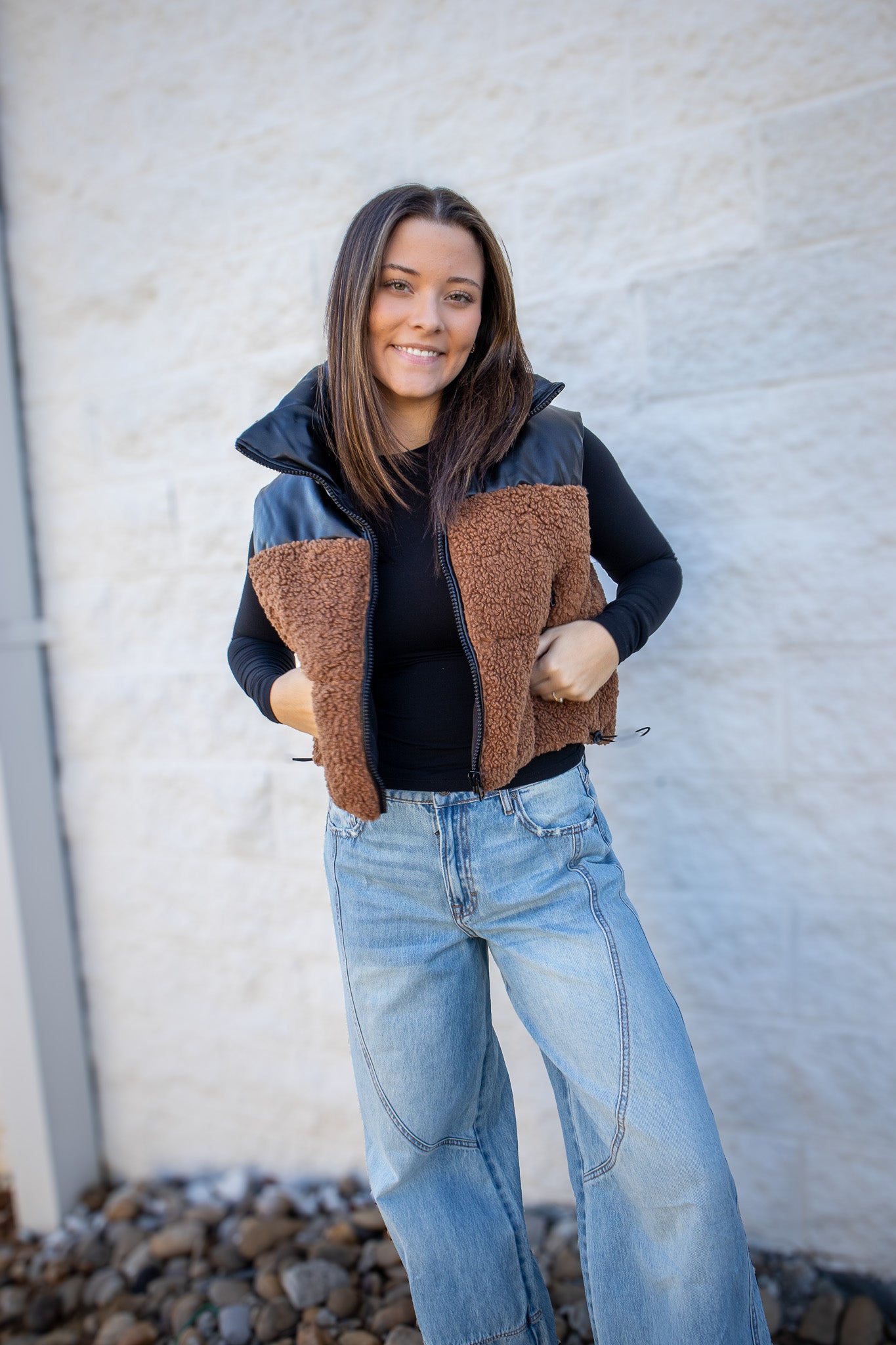 Faux Leather & Sherpa Puffer Vest - BROWN