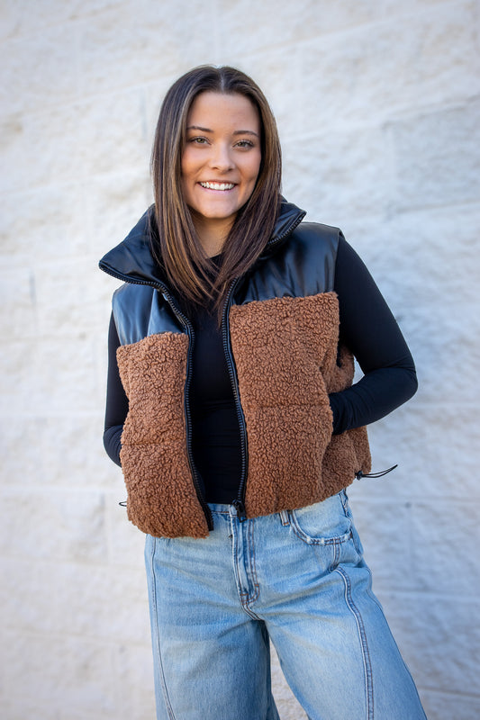 Faux Leather & Sherpa Puffer Vest - BROWN