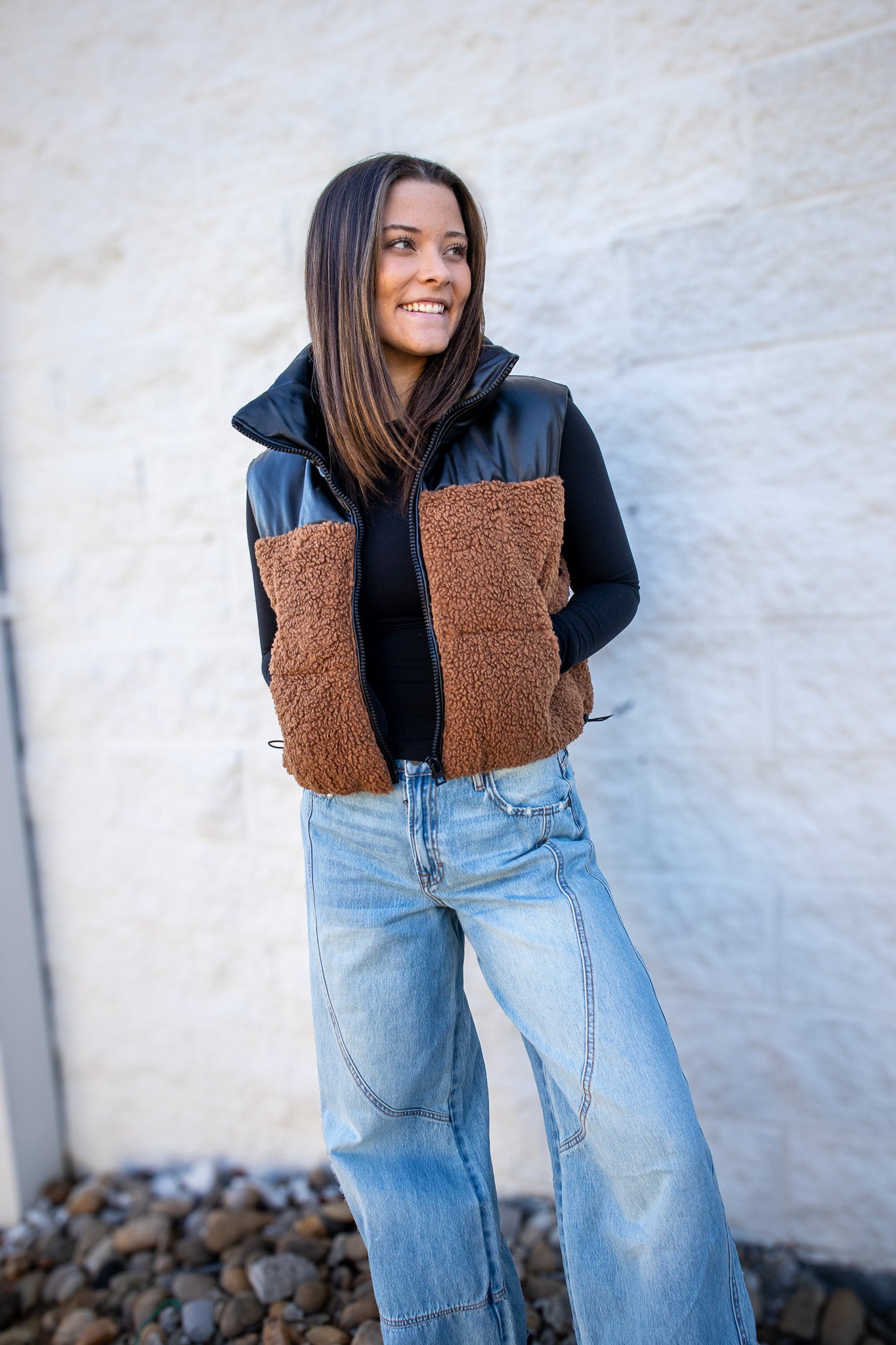 Faux Leather & Sherpa Puffer Vest - BROWN