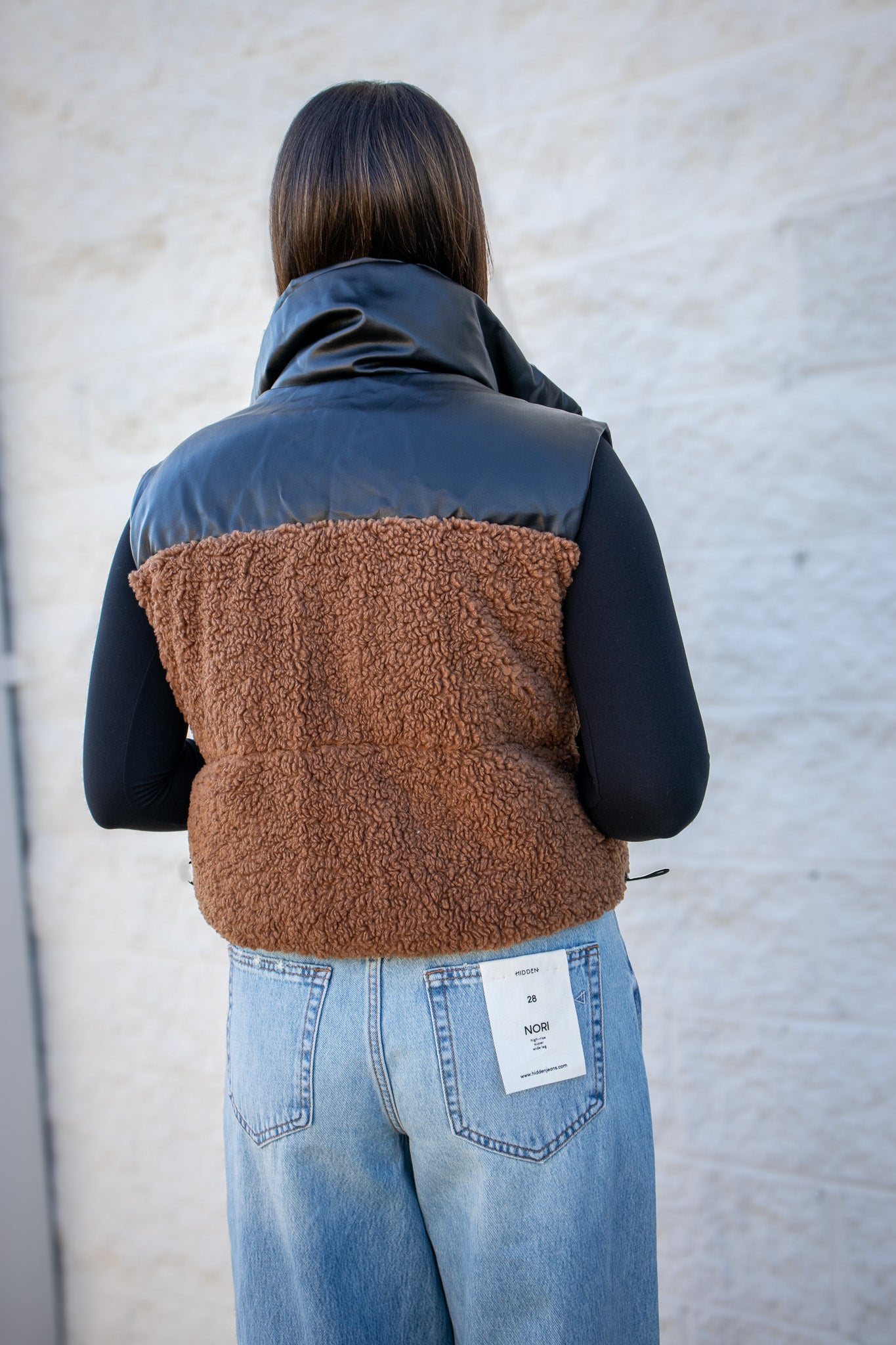 Faux Leather & Sherpa Puffer Vest - BROWN