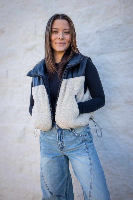 Faux Leather & Sherpa Puffer Vest - CREAM