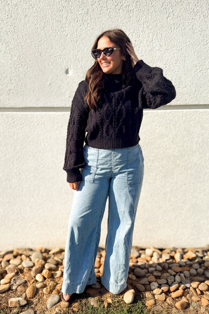 Black Mock Neck Cable Knit Sweater