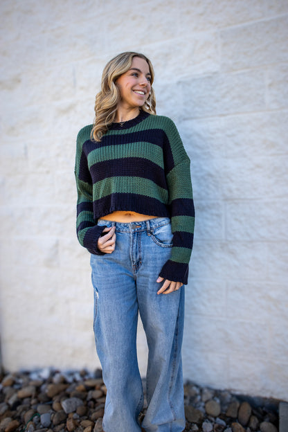 Deep Forest Striped Cropped Knit Sweater - Green & Navy