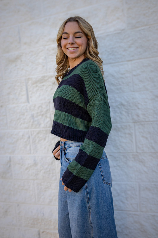 Deep Forest Striped Cropped Knit Sweater - Green & Navy