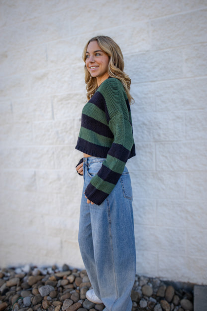 Deep Forest Striped Cropped Knit Sweater - Green & Navy