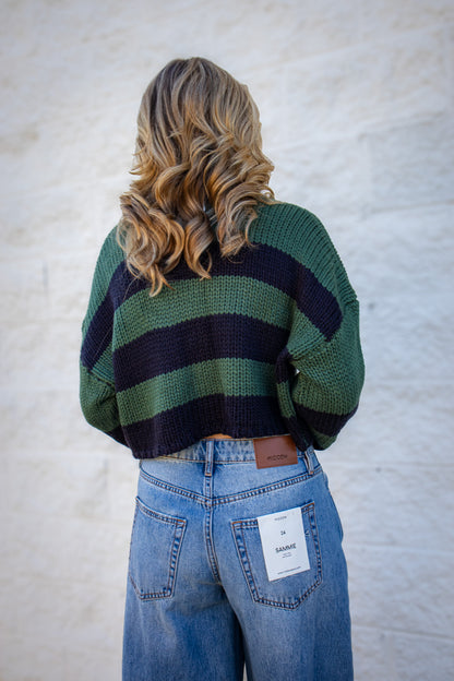 Deep Forest Striped Cropped Knit Sweater - Green & Navy