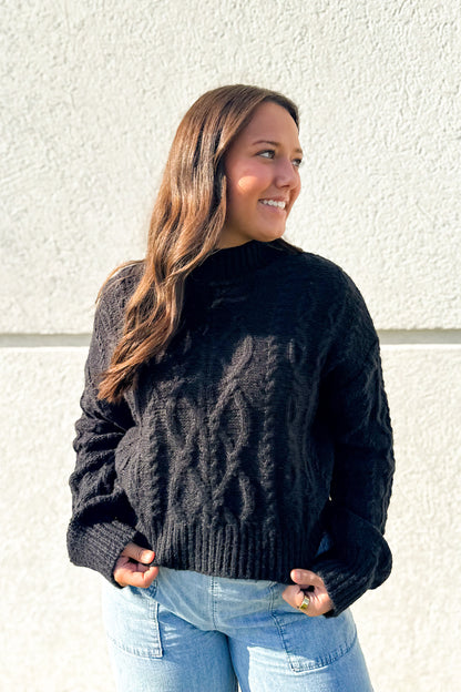 Black Mock Neck Cable Knit Sweater