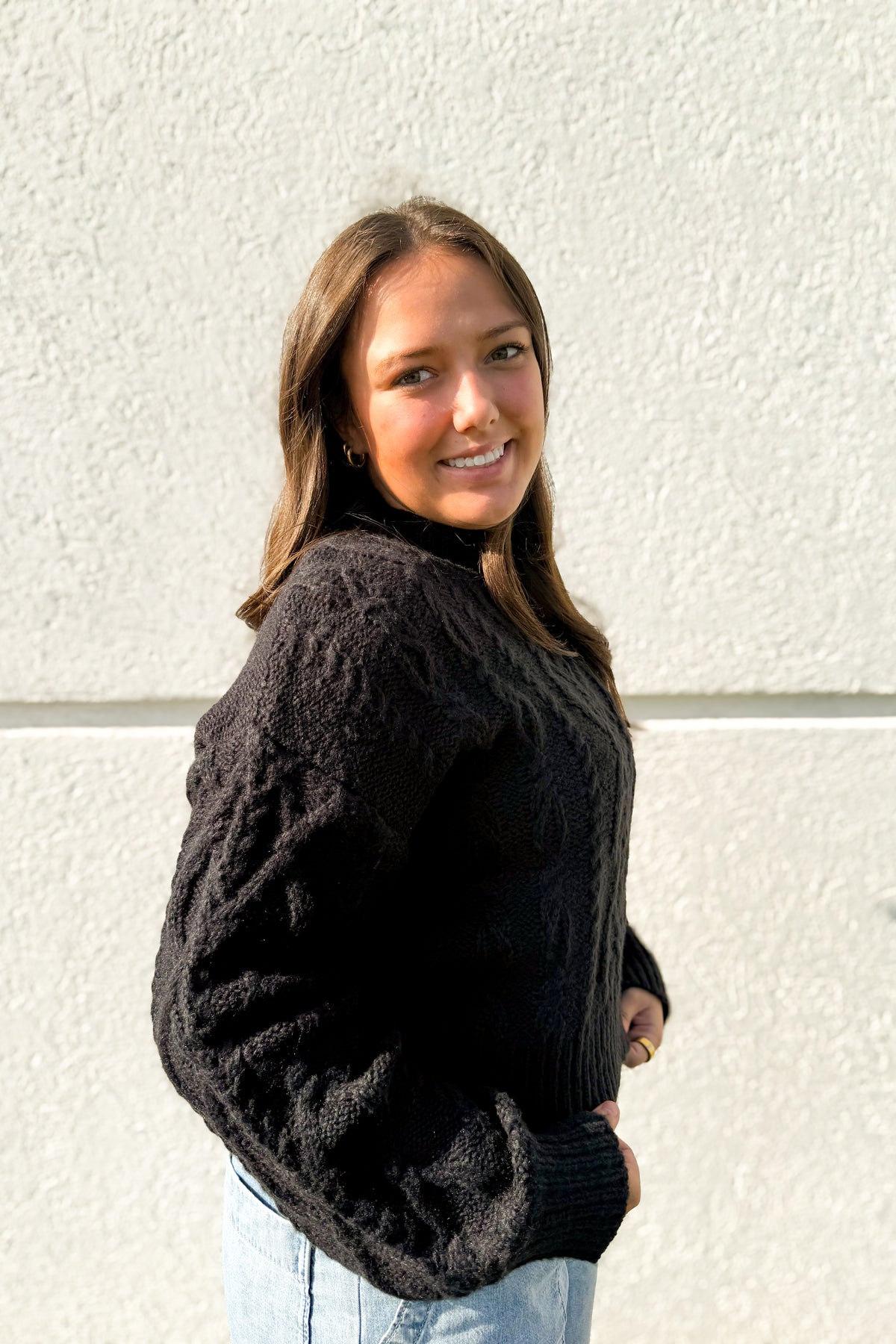 Black Mock Neck Cable Knit Sweater