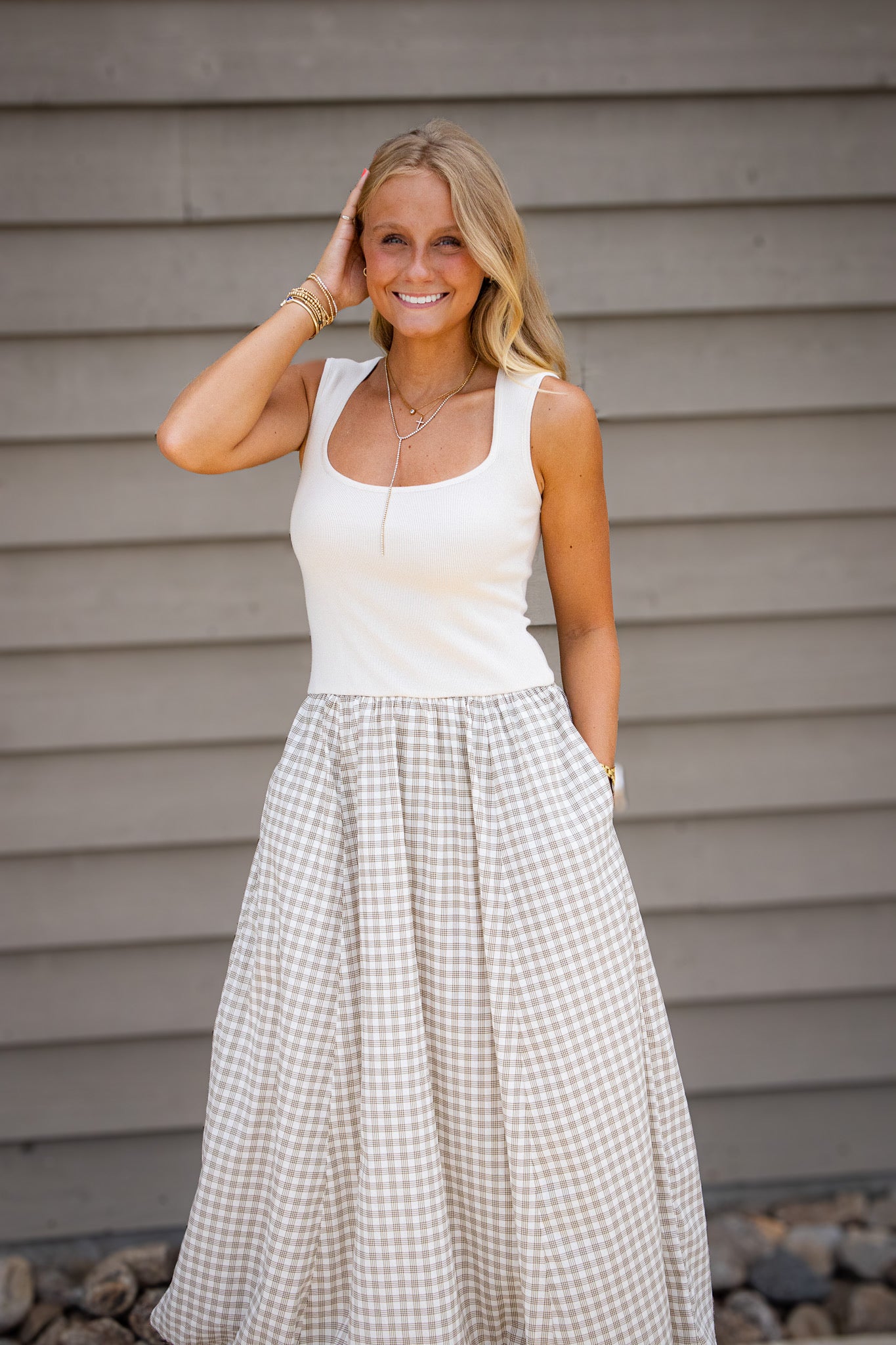 Coastal Charm Beige Gingham Bubble Hem Maxi Dress