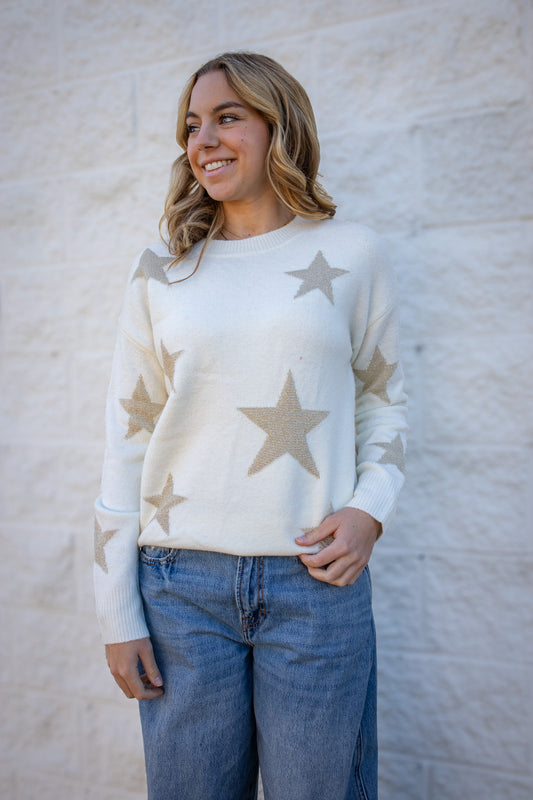 Starry Glimmer Crewneck Sweater - Cream/Gold
