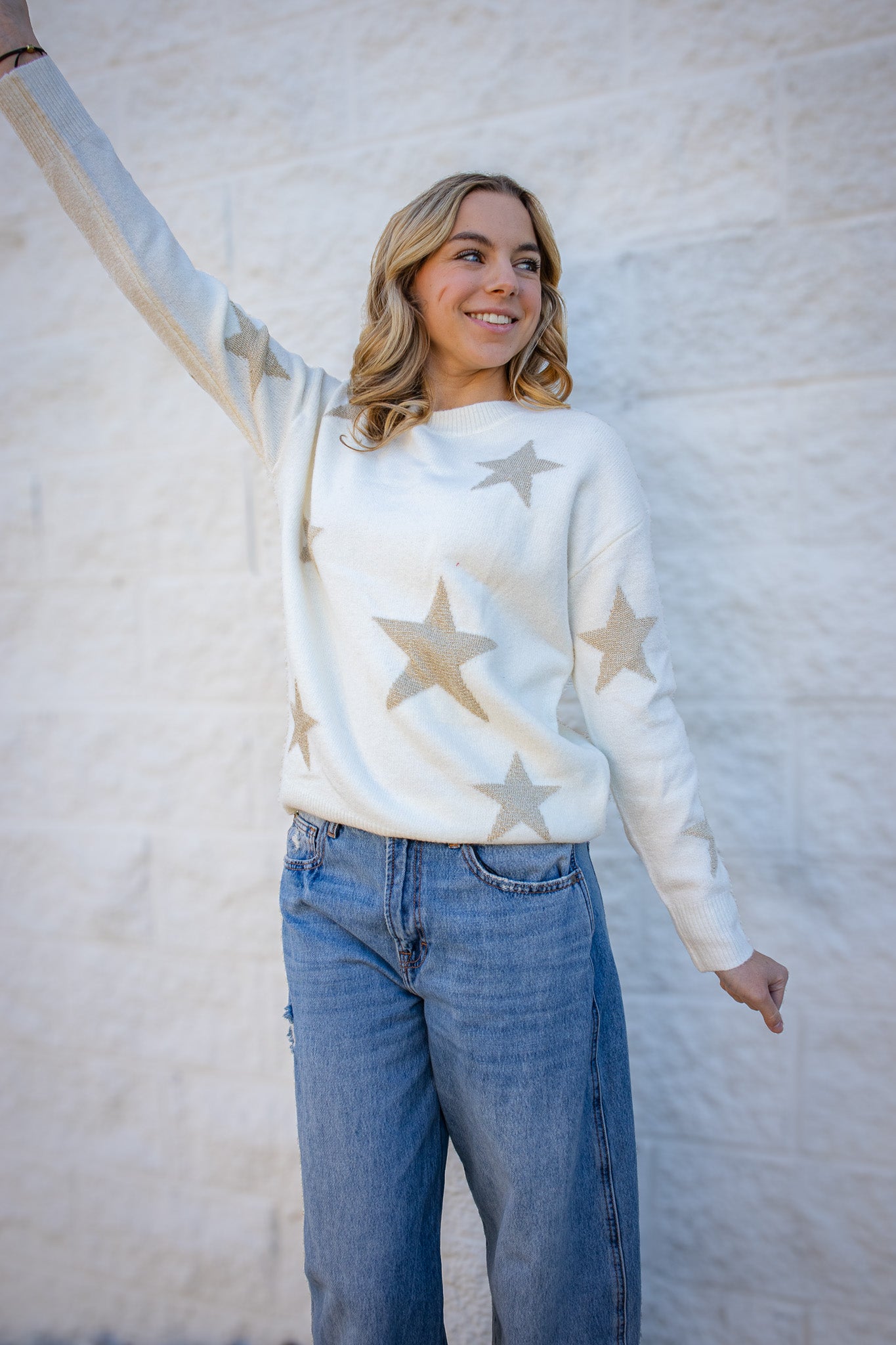 Starry Glimmer Crewneck Sweater - Cream/Gold