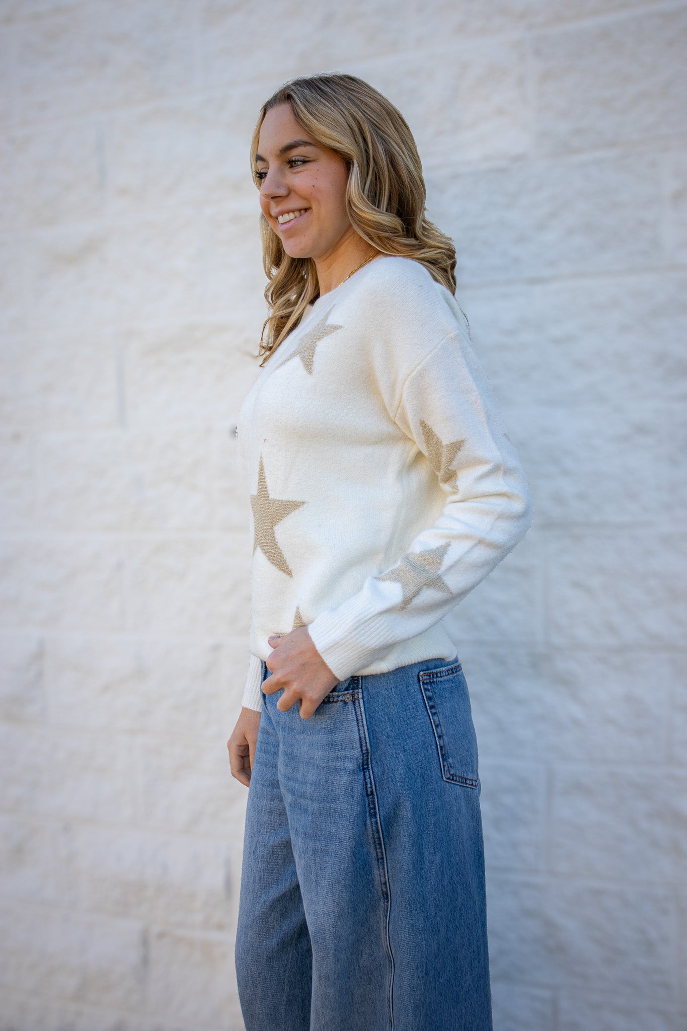 Starry Glimmer Crewneck Sweater - Cream/Gold