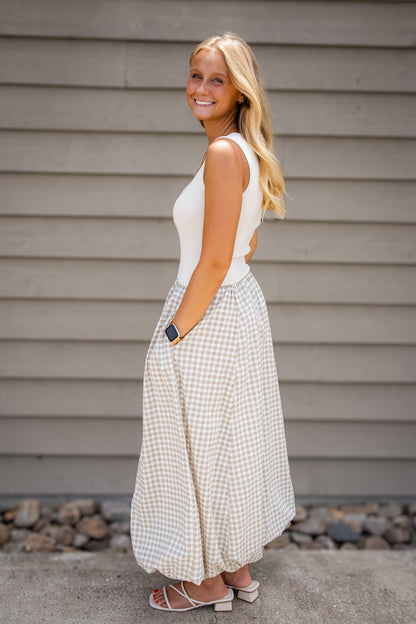 Coastal Charm Beige Gingham Bubble Hem Maxi Dress