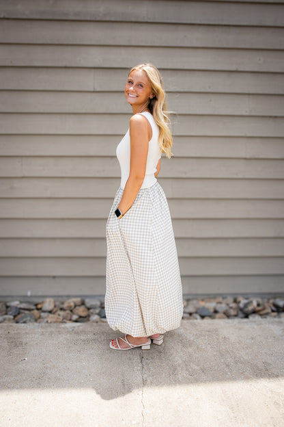 Coastal Charm Beige Gingham Bubble Hem Maxi Dress