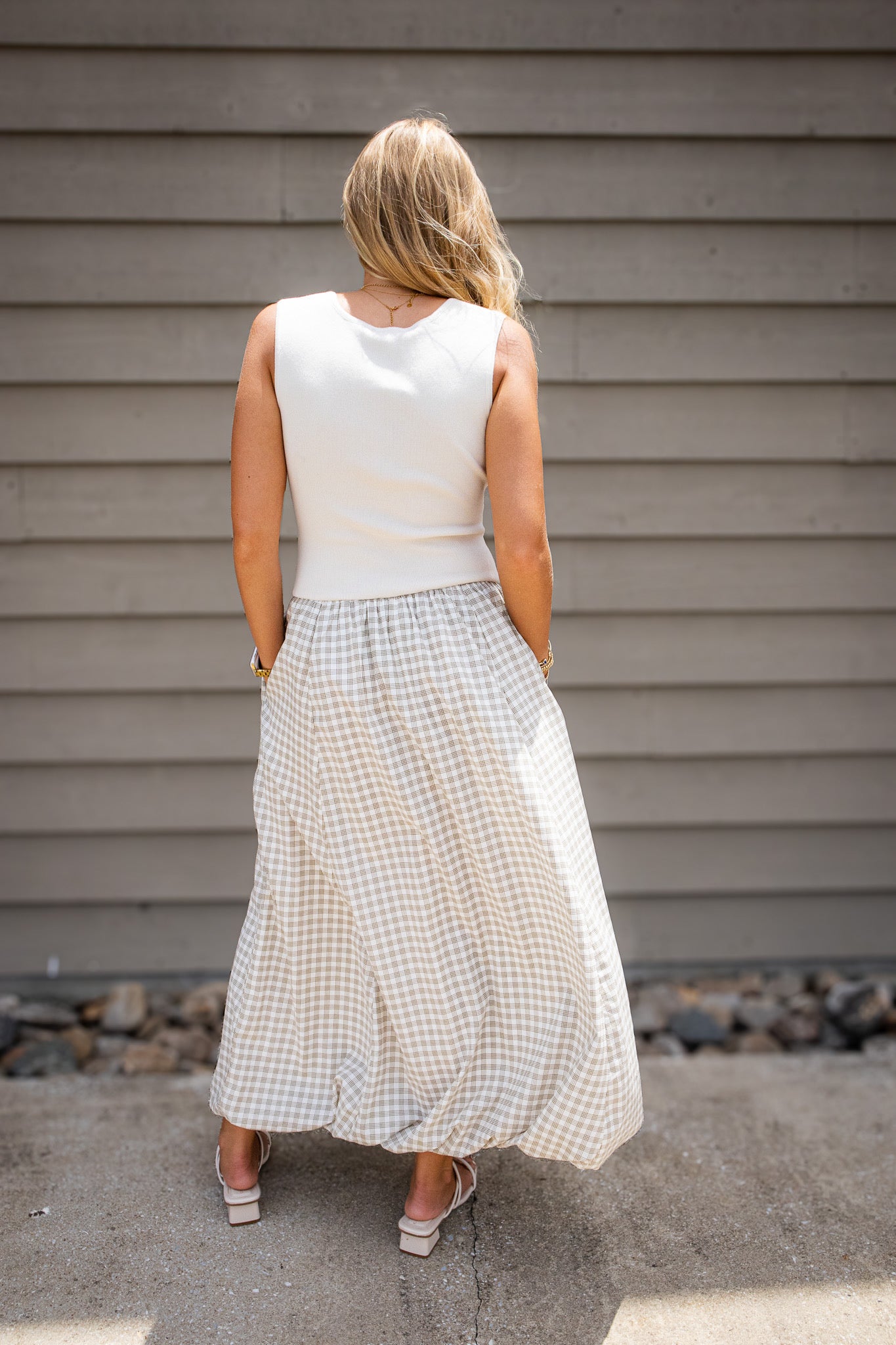 Coastal Charm Beige Gingham Bubble Hem Maxi Dress