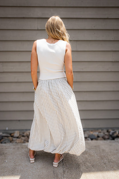 Coastal Charm Beige Gingham Bubble Hem Maxi Dress