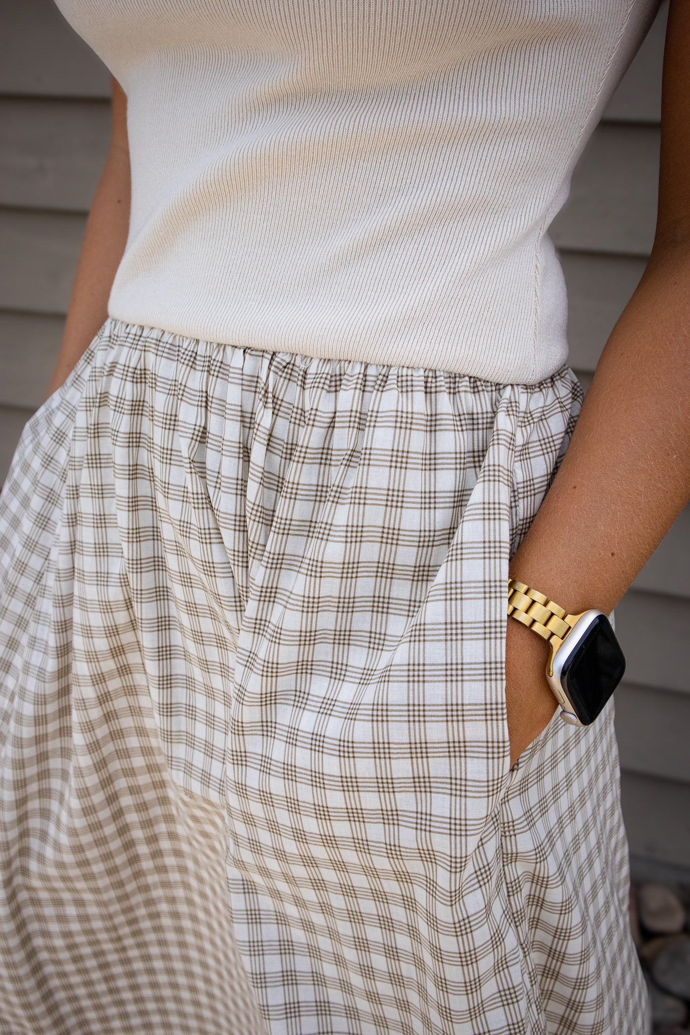 Coastal Charm Beige Gingham Bubble Hem Maxi Dress